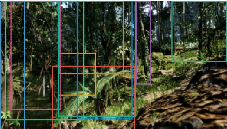 Predicted bounding boxes overlapping heavily around neighbouring tree stems.