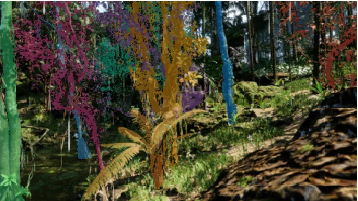 The same scene with ten annotated tree instances in distinct colours.